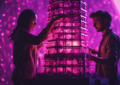 purple toned people building a light tower.