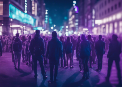 People in a street walking together to the town centre. Purple highlights.