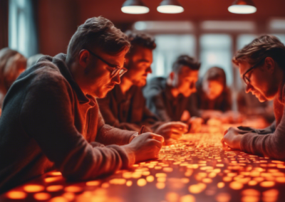 People over an orange-hued light table